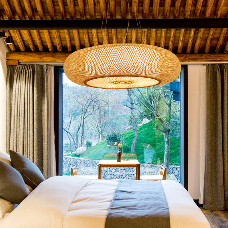 Rounded Drum Bamboo Pendant Lighting Fixture Modern Style Beige Hanging Light Fixture