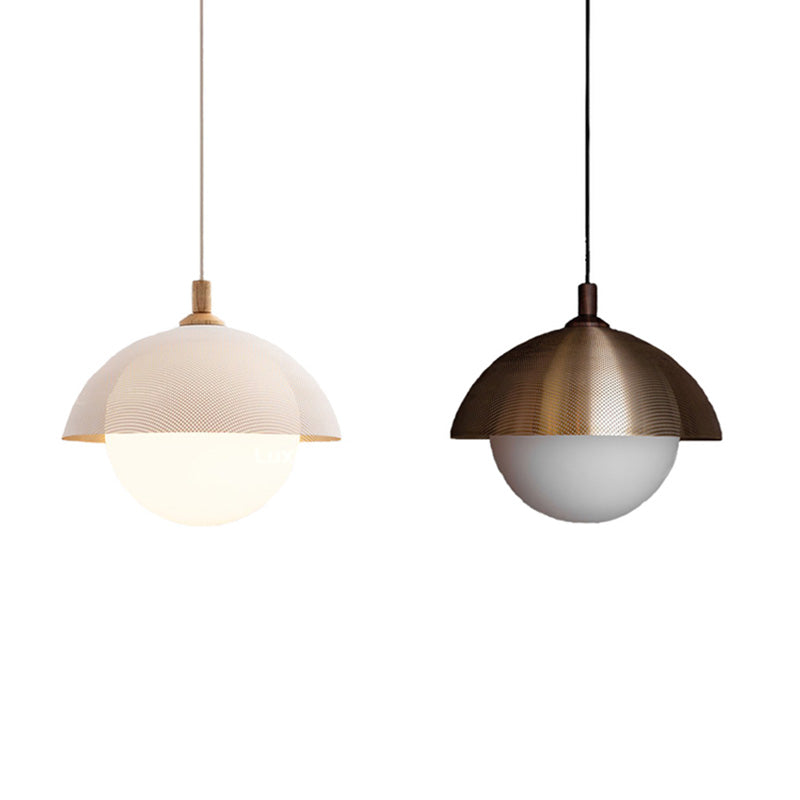 Globe Suspension Lamp Modern 1-Light Walnut Wood Hanging Light Fixture with Glass Shade