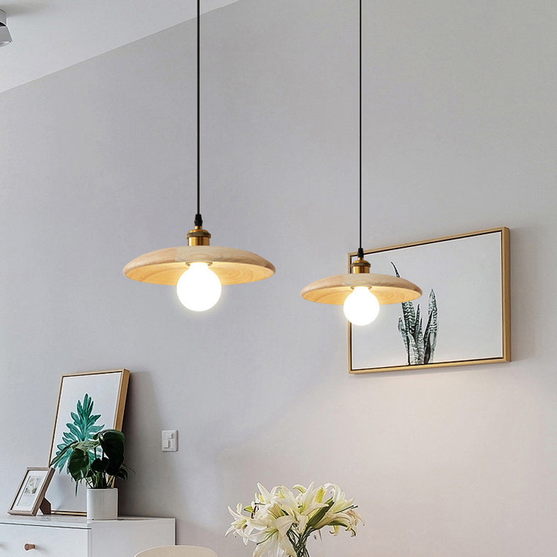 Pan Hanging Light Fixture Modern 1-Light Suspension Pendant Light with Wood