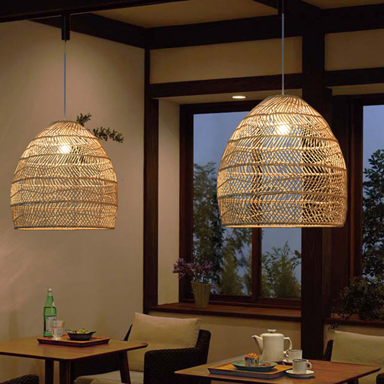 Basket Pendant Lighting Fixture Asian Rattan Beige Hanging Light Fixture for Restaurant