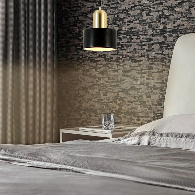 Drum Hanging Light Fixture Modern 1-Light Suspension Lamp with Stone Shade for Restaurant