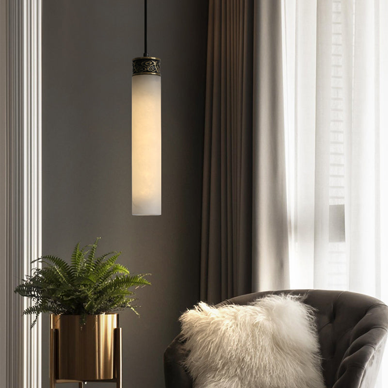Cylinder Hanging Light Fixture Modern 1-Light White Suspension Lamp with Stone Shade