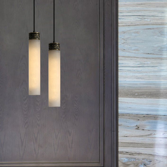 Cylinder Hanging Light Fixture Modern 1-Light White Suspension Lamp with Stone Shade