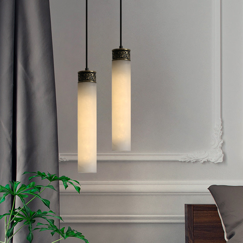 Cylinder Hanging Light Fixture Modern 1-Light White Suspension Lamp with Stone Shade
