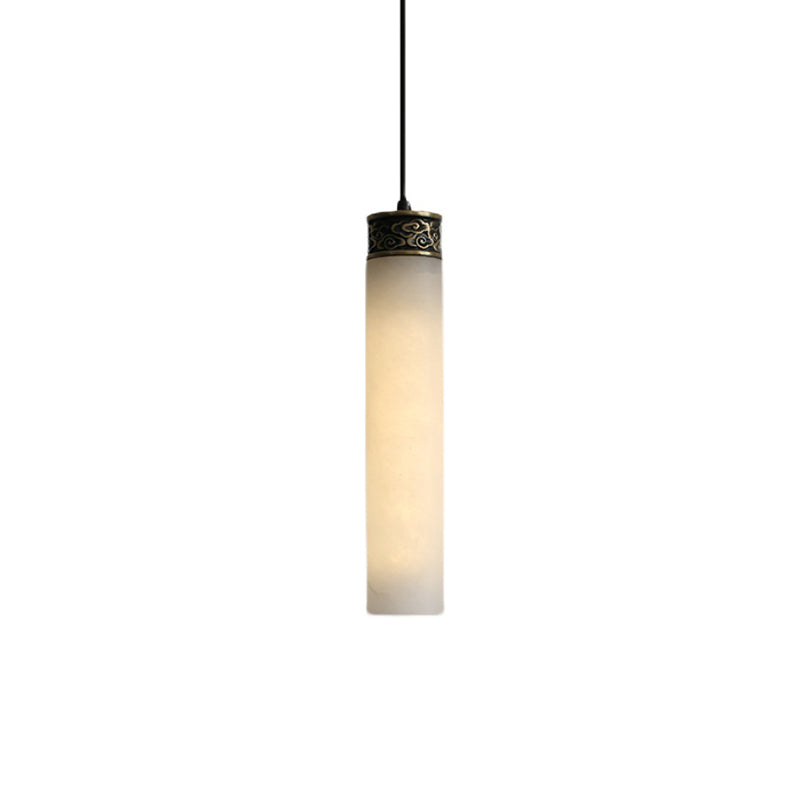 Cylinder Hanging Light Fixture Modern 1-Light White Suspension Lamp with Stone Shade