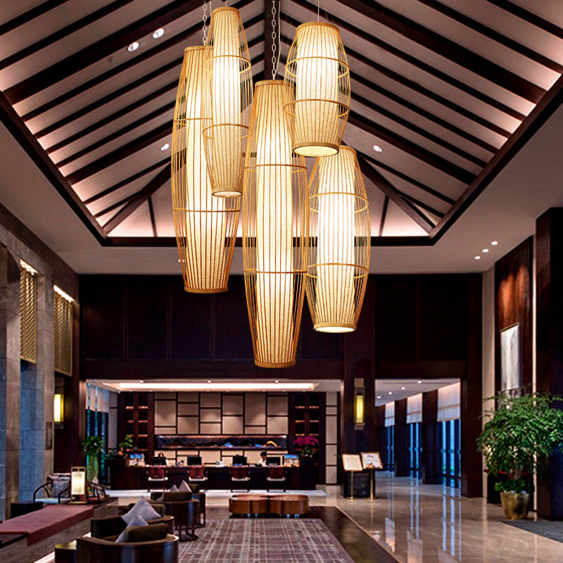 Chinese Elongated Pendant Lighting Fixtures Rattan Hanging Light with Hanging Cord for Restaurant