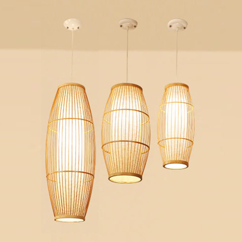 Chinese Elongated Pendant Lighting Fixtures Rattan Hanging Light with Hanging Cord for Restaurant