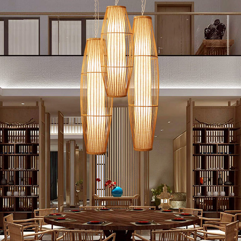 Chinese Elongated Pendant Lighting Fixtures Rattan Hanging Light with Hanging Cord for Restaurant