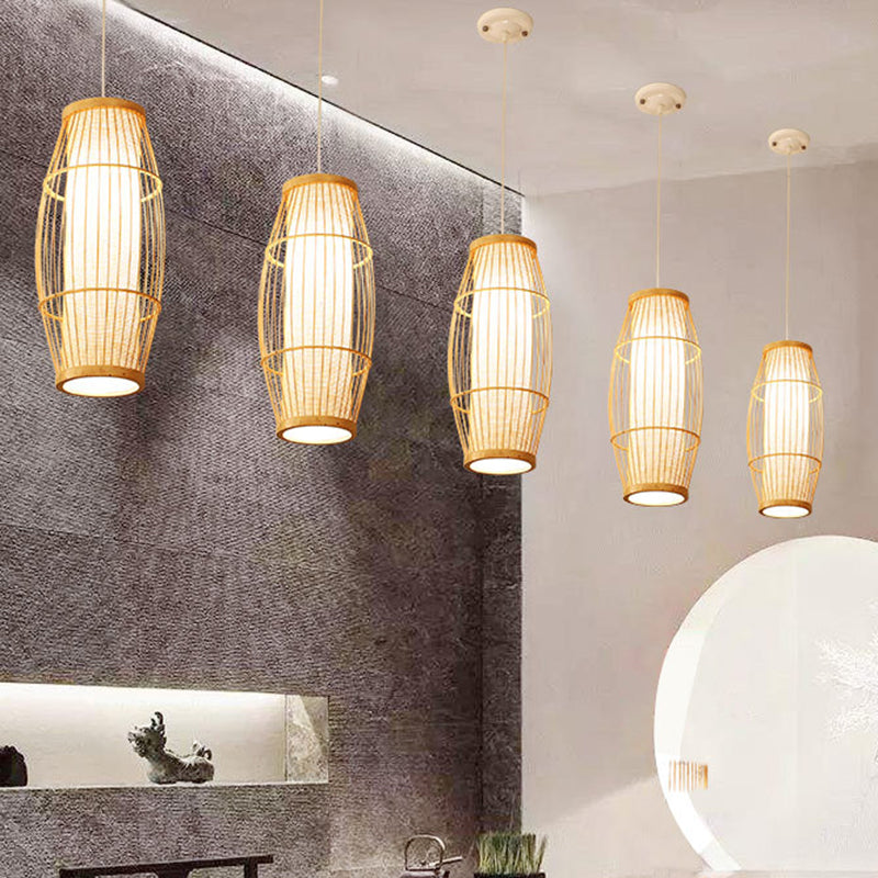 Chinese Elongated Pendant Lighting Fixtures Rattan Hanging Light with Hanging Cord for Restaurant