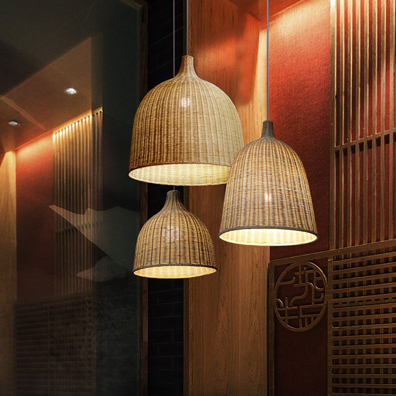Chinese Bell Pendant Lighting Fixtures Rattan Hanging Light with Hanging Cord for Restaurant