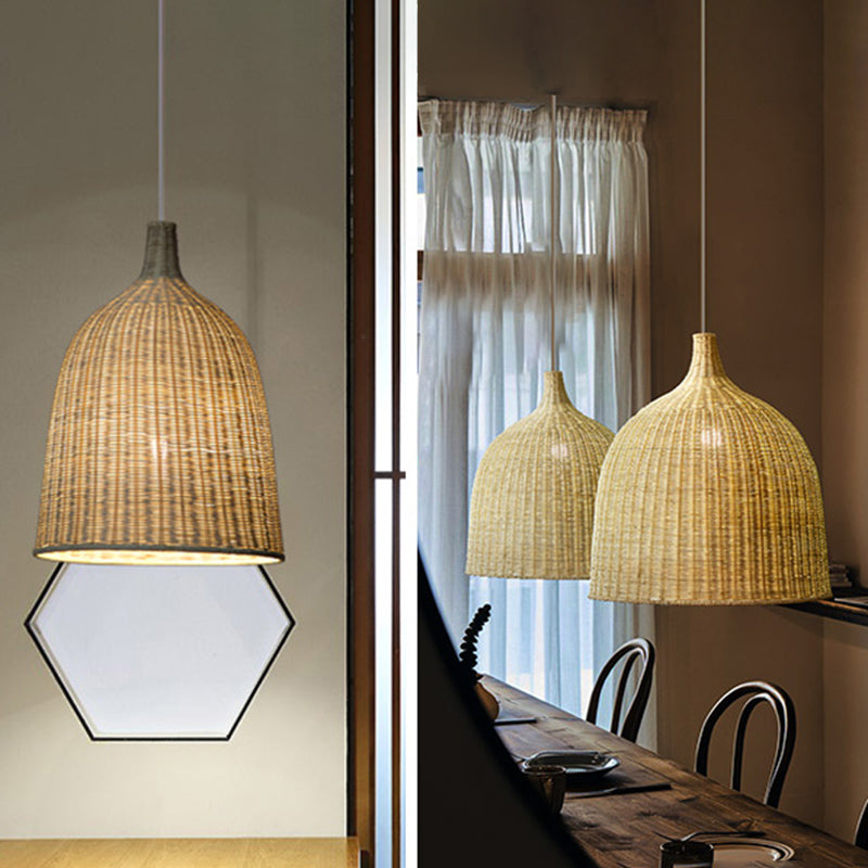 Chinese Bell Pendant Lighting Fixtures Rattan Hanging Light with Hanging Cord for Restaurant