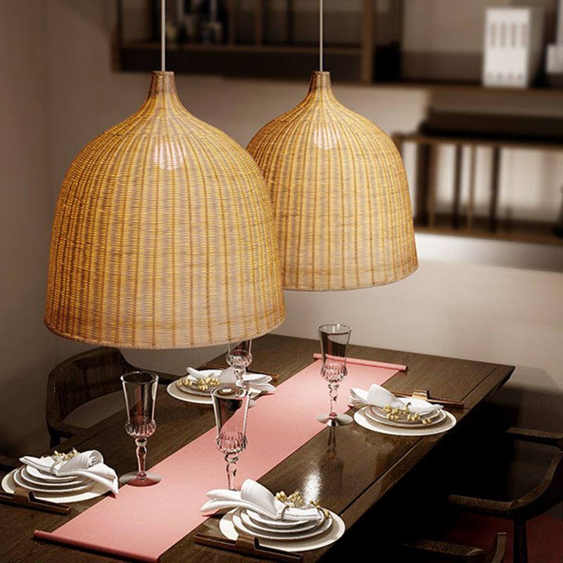 Chinese Bell Pendant Lighting Fixtures Rattan Hanging Light with Hanging Cord for Restaurant