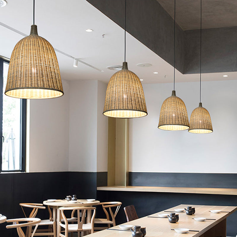 Chinese Bell Pendant Lighting Fixtures Rattan Hanging Light with Hanging Cord for Restaurant