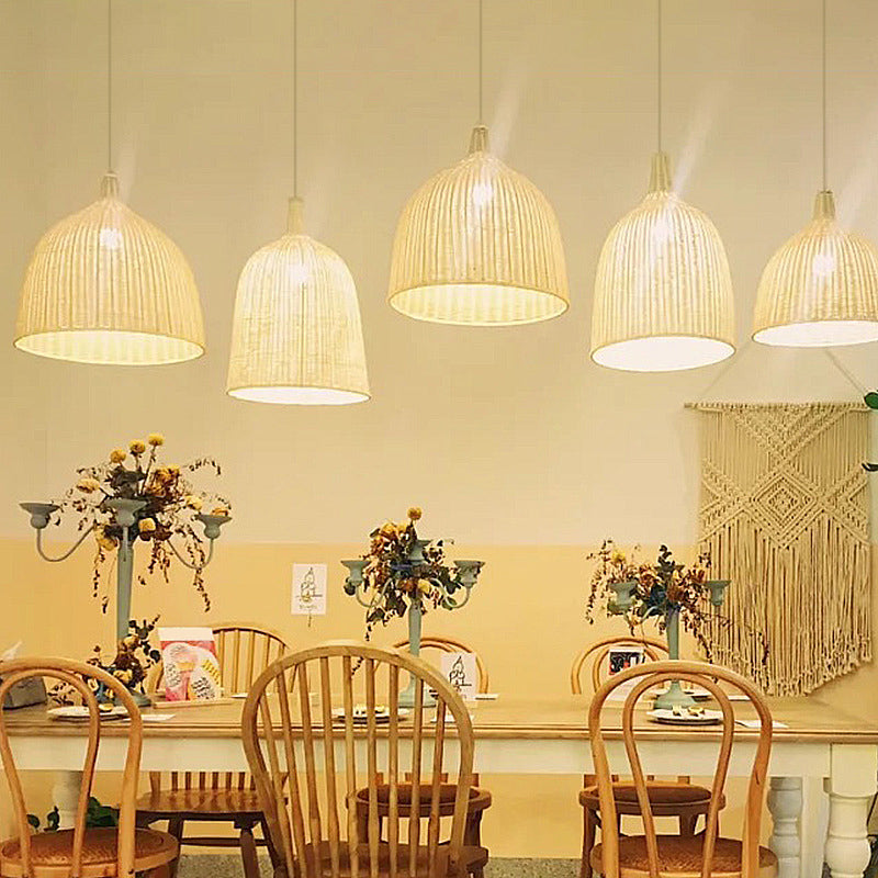 Chinese Bell Pendant Lighting Fixtures Rattan Hanging Light with Hanging Cord for Restaurant