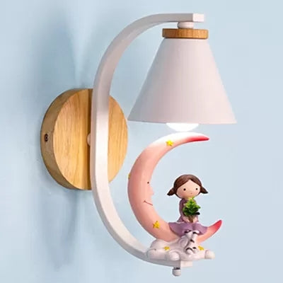 Funnel Shade Wall Light con Little Kid Deco 1 Testa adorabile Sconce da parete in metallo per camera da letto per bambini