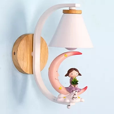 Funnel Shade Wall Light con Little Kid Deco 1 Testa adorabile Sconce da parete in metallo per camera da letto per bambini