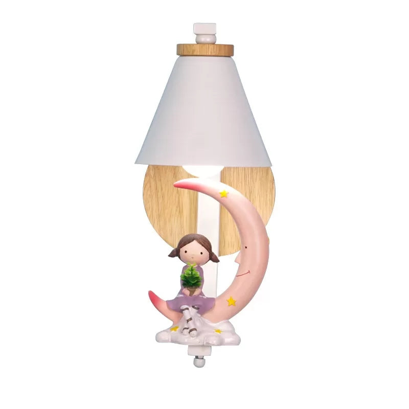 Funnel Shade Wall Light con Little Kid Deco 1 Testa adorabile Sconce da parete in metallo per camera da letto per bambini