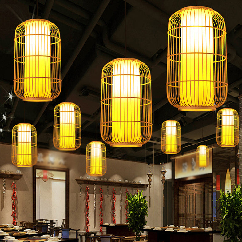 Chinese Elongated Pendant Lighting Fixtures Rattan Hanging Light with Hanging Cord for Restaurant
