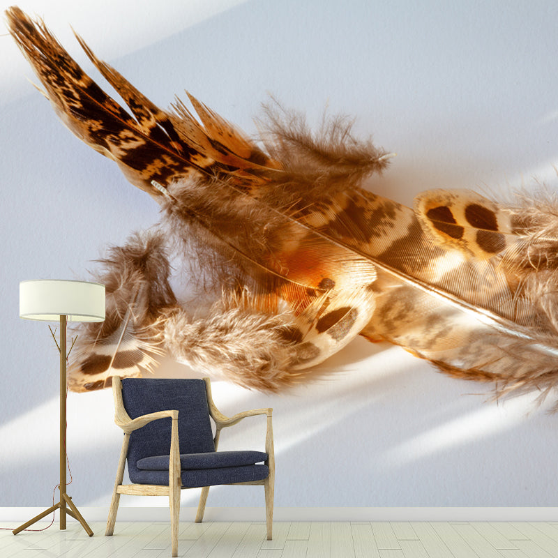 Bird Feather Mural for Sitting Room Wall Art in Light Color, Stain Resistant