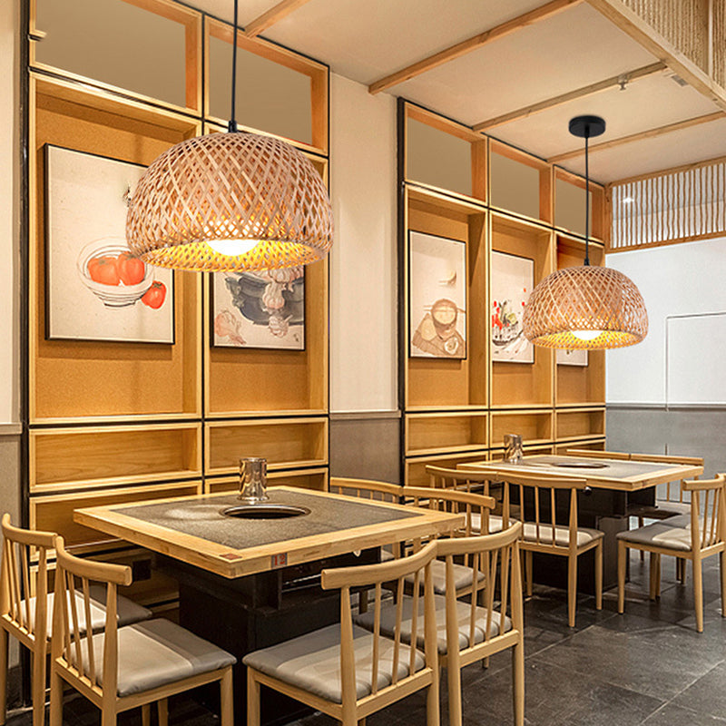 Asian Creative Bowl Pendant Light Wrought Iron Hanging Lamp with Bamboo Weaving Shade