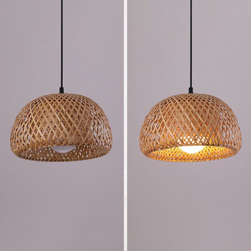 Asian Creative Bowl Pendant Light Wrought Iron Hanging Lamp with Bamboo Weaving Shade