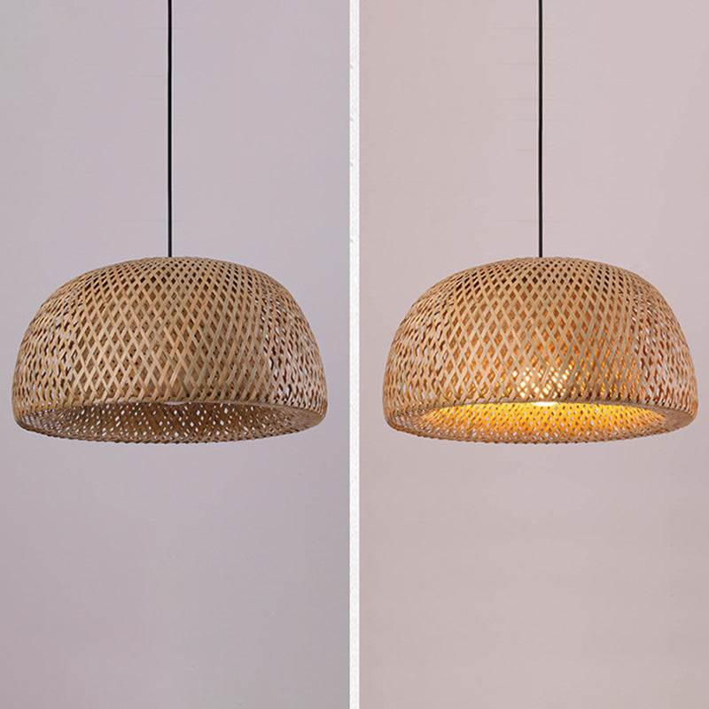 Asian Creative Bowl Pendant Light Wrought Iron Hanging Lamp with Bamboo Weaving Shade