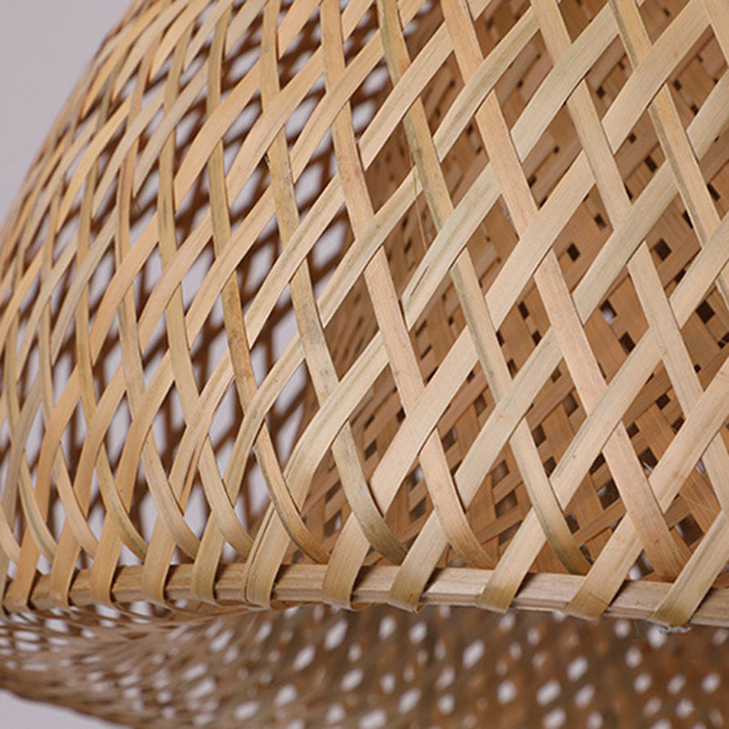 Asian Creative Bowl Pendant Light Wrought Iron Hanging Lamp with Bamboo Weaving Shade