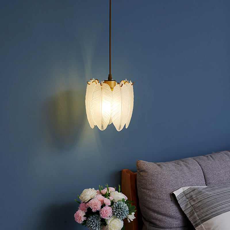 1-Light Feather Drum Shade Hanging Lamp, Contemporary Ribbed Glass Hanging Light