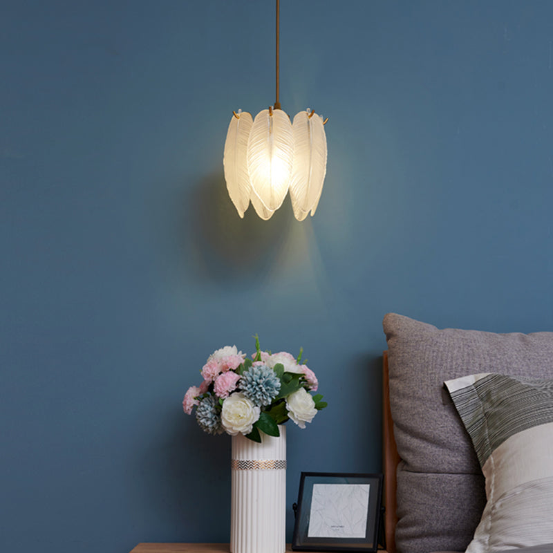 1-Light Feather Drum Shade Hanging Lamp, Contemporary Ribbed Glass Hanging Light