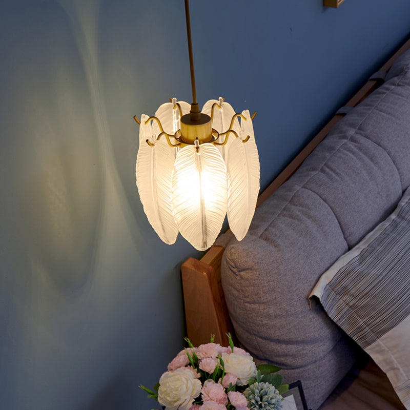 1-Light Feather Drum Shade Hanging Lamp, Contemporary Ribbed Glass Hanging Light