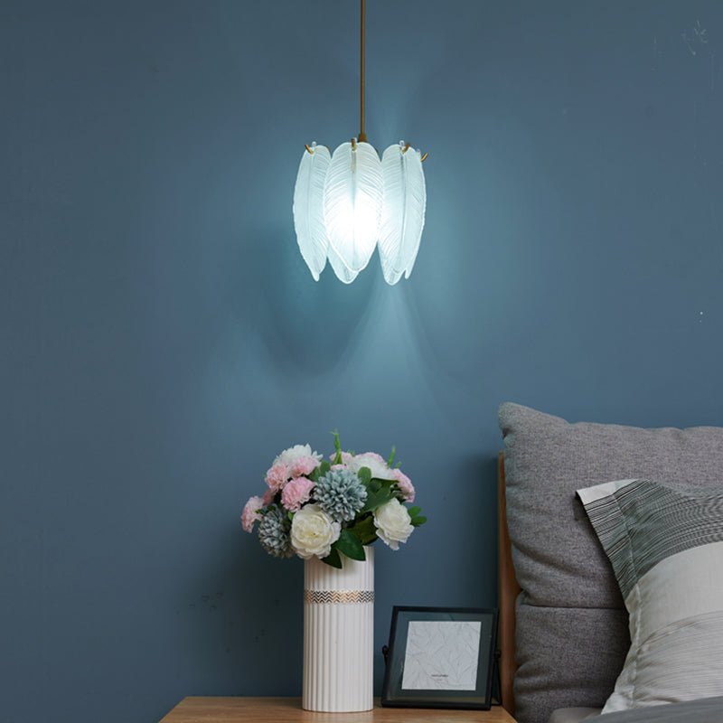 1-Light Feather Drum Shade Hanging Lamp, Contemporary Ribbed Glass Hanging Light