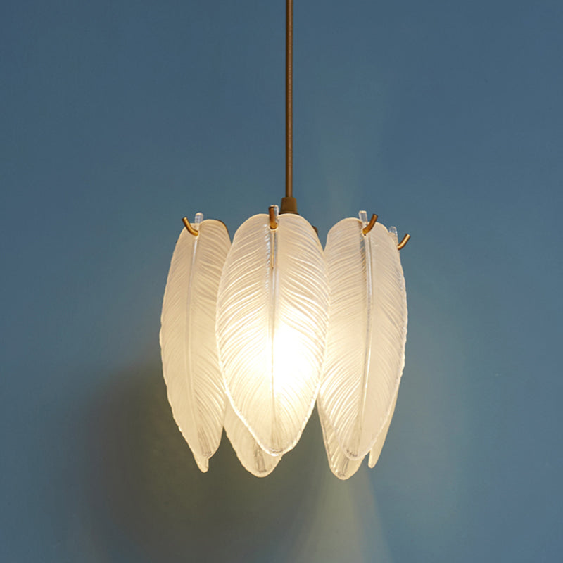 1-Light Feather Drum Shade Hanging Lamp, Contemporary Ribbed Glass Hanging Light