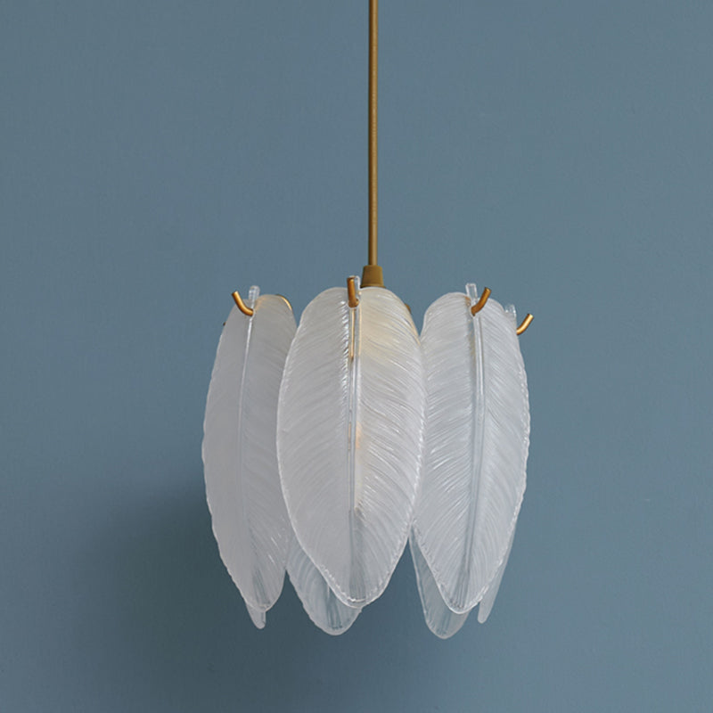 1-Light Feather Drum Shade Hanging Lamp, Contemporary Ribbed Glass Hanging Light