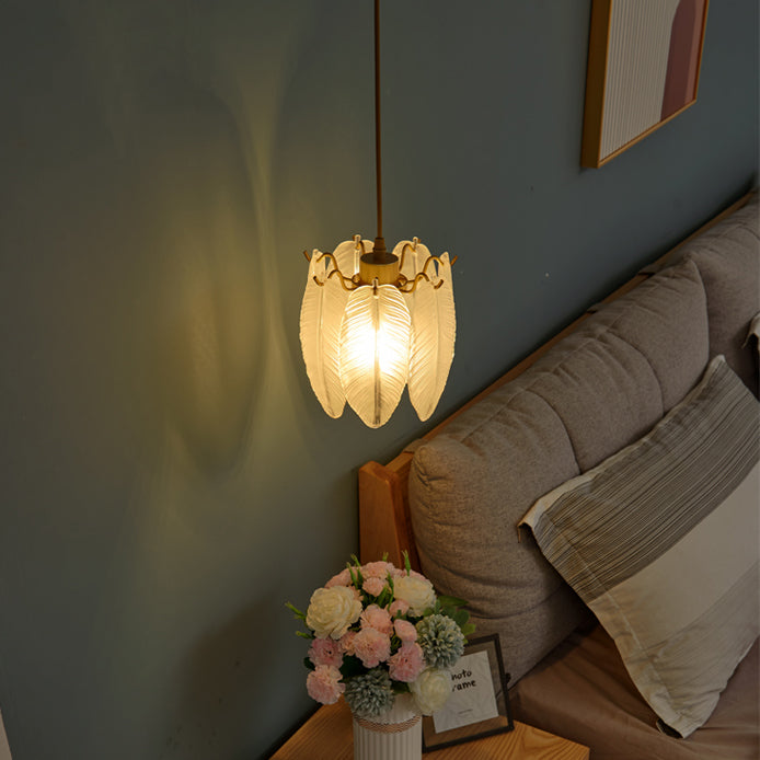 1-Light Feather Drum Shade Hanging Lamp, Contemporary Ribbed Glass Hanging Light
