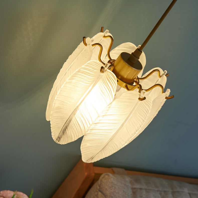 1-Light Feather Drum Shade Hanging Lamp, Contemporary Ribbed Glass Hanging Light