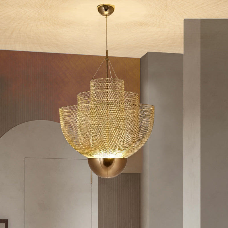 3-Tier Minimalist Cage Hanging Light, Gold Metal Hanging Lamp for Restaurant