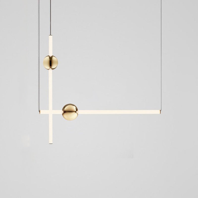 Minimalist Linear Pendant Lighting, White Glass Hanging Light with Gold Ball