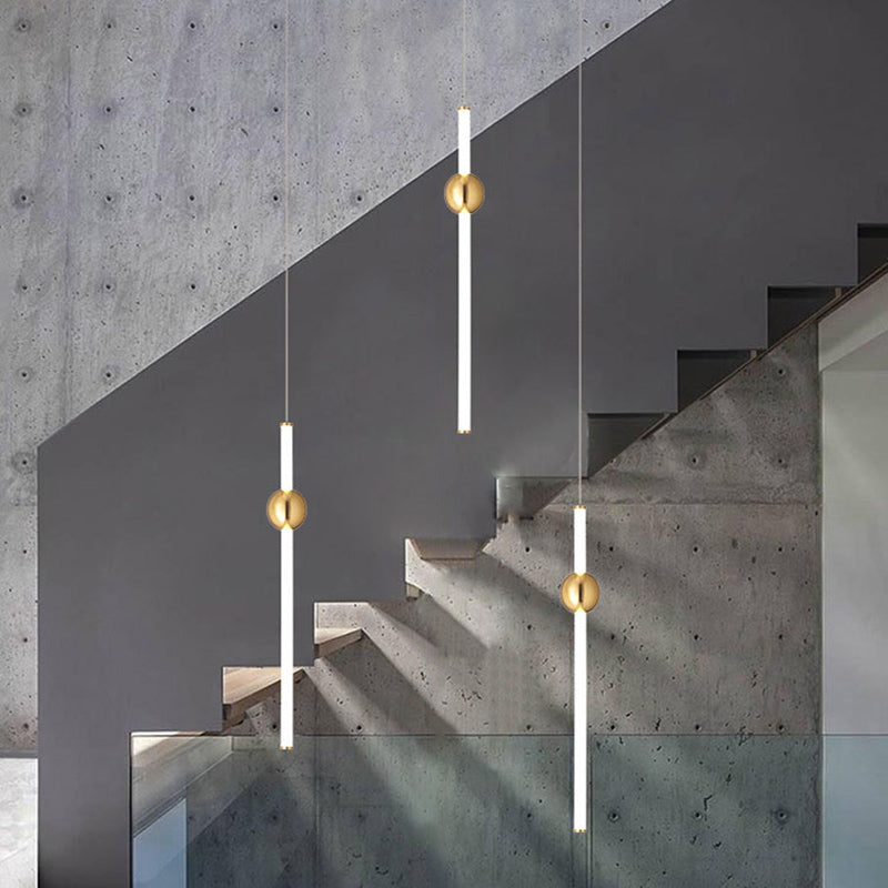 Minimalist Linear Pendant Lighting, White Glass Hanging Light with Gold Ball