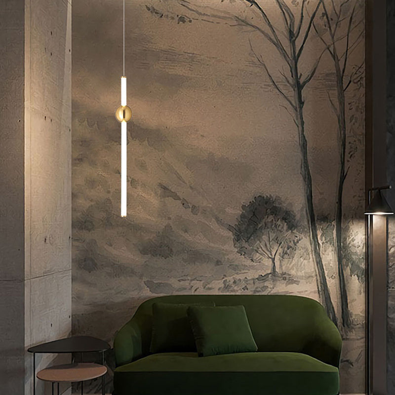 Minimalist Linear Pendant Lighting, White Glass Hanging Light with Gold Ball