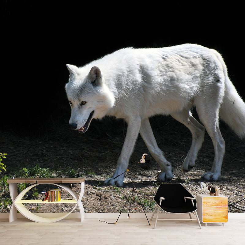 Contemporary Arctic Wolf Wall Mural Mildew Resistant Covering for Dining Room