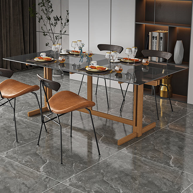 Mesa de caballete de madera sólida mesa de comedor de vidrio templado para la casa para la casa de la cocina