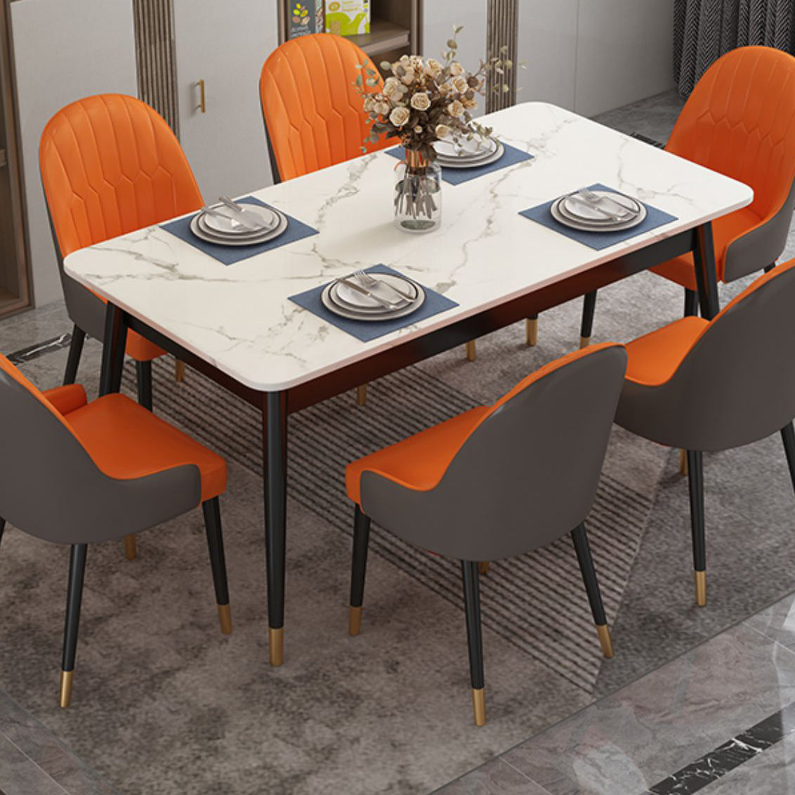 Table à manger en pierre frittée de style moderne Table rectangulaire blanche avec 4 pieds