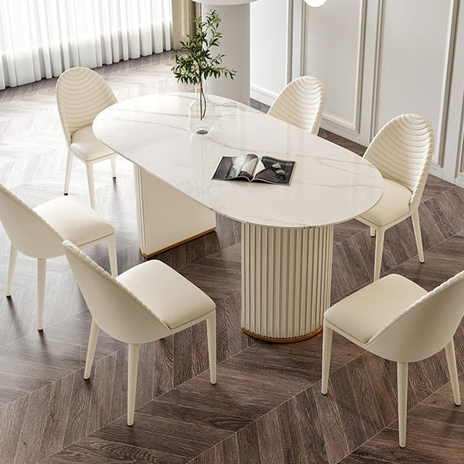 Mesa de comedor moderna ovalada de doble pedestal Mesa blanca con piedra sinterizada