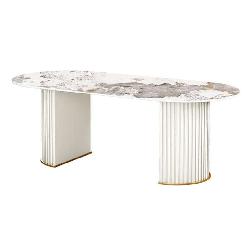 Mesa de comedor moderna ovalada de doble pedestal Mesa blanca con piedra sinterizada