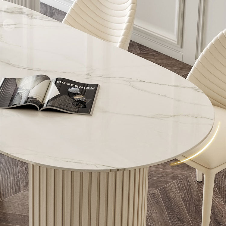 Oval Double Pedestal Modern Dining Table White Fixed Table with Sintered Stone