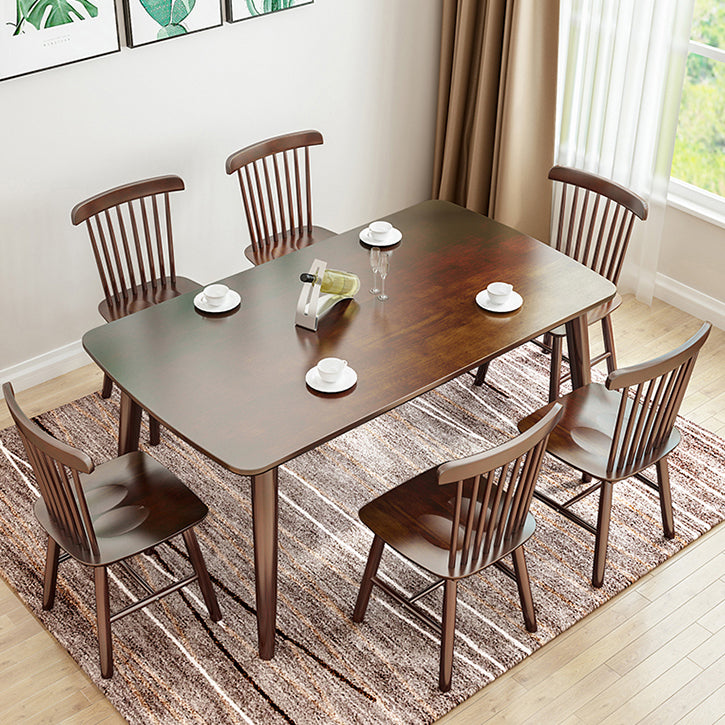 Rectangle 4 Legs Modern Dining Table Brown Tone Fixed Table with Solid Wood