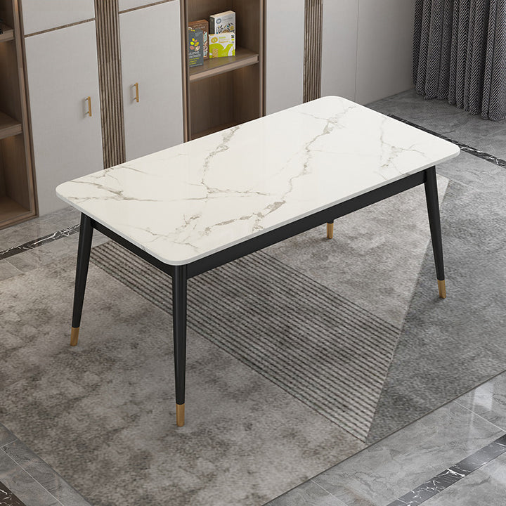 Modern Style Sintered Stone Dining Table White Rectangle Table with Metal Base for Home Use