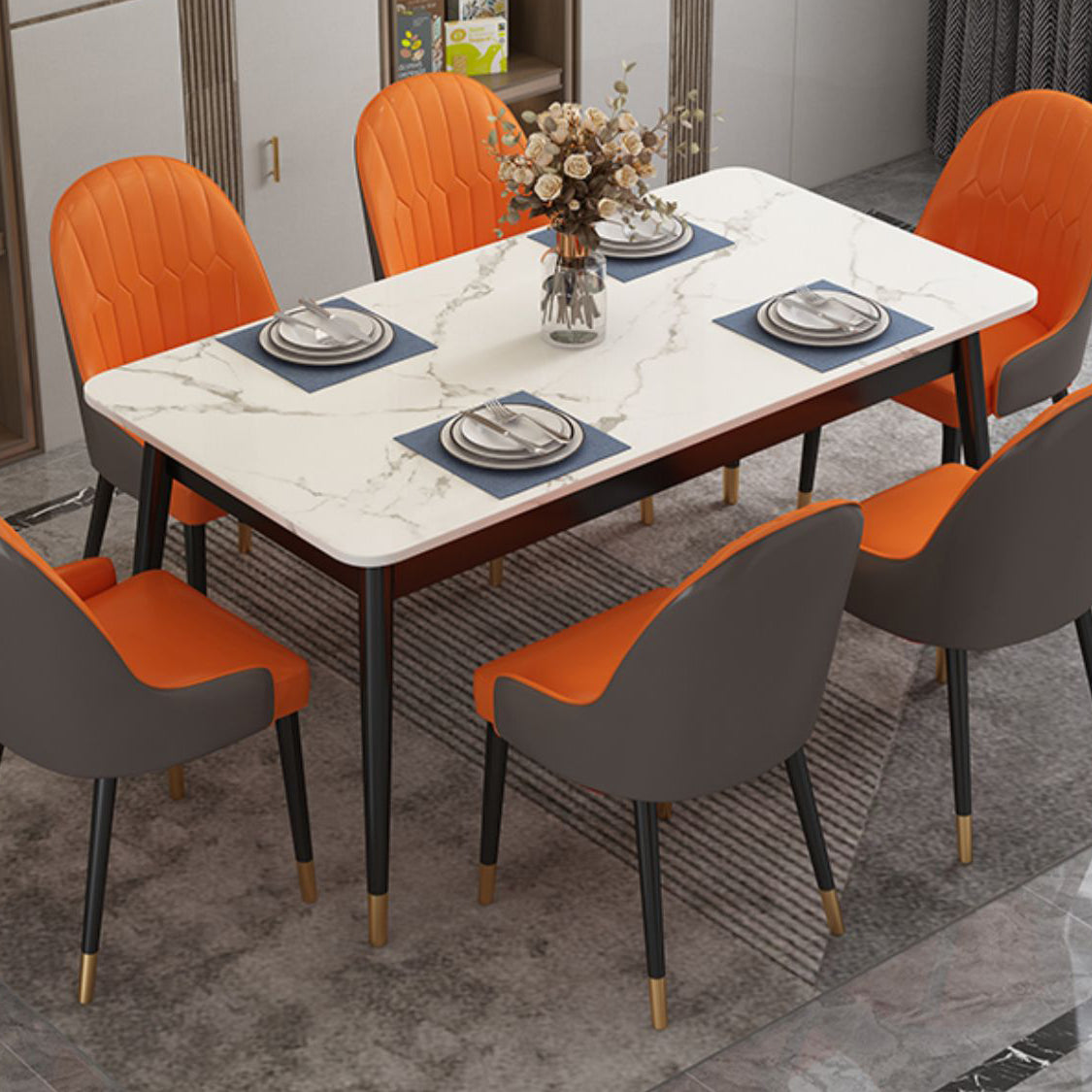 Modern Style Sintered Stone Dining Table White Rectangle Table with Metal Base for Home Use