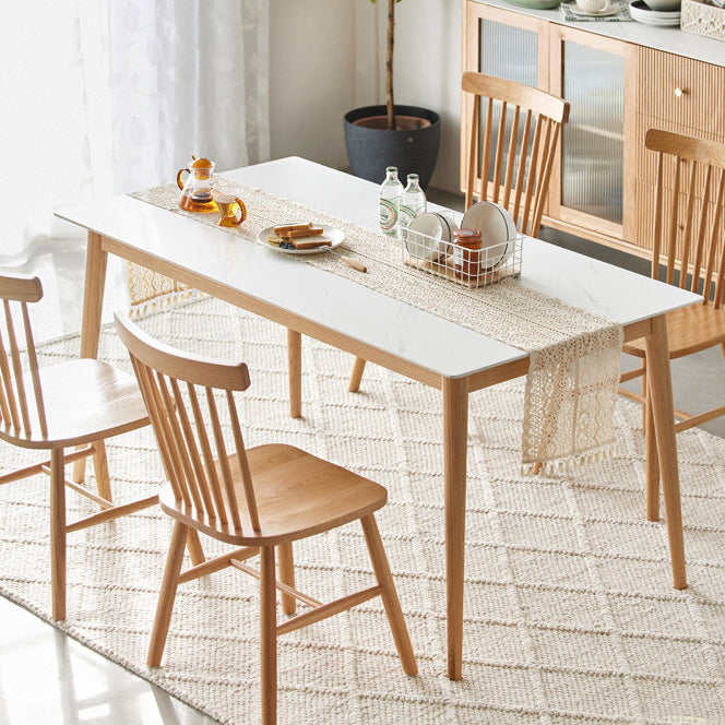 Moderne stijl gesinterde stenen eettafel witte rechthoekige tafel met houten basis