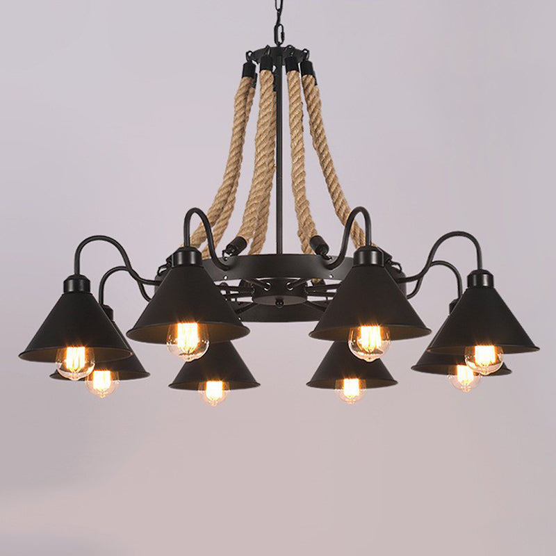 Multi Lights Black Hanging Chandelier Light Industrial Rope Cone Pendant Lamp